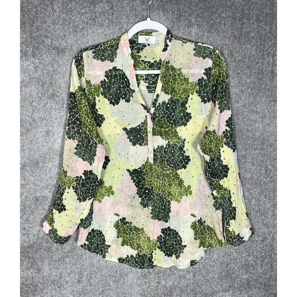 Homebody Top Womens Size Medium Green Pink Floral‎ Sheer 1/4 Button Long Sleeve